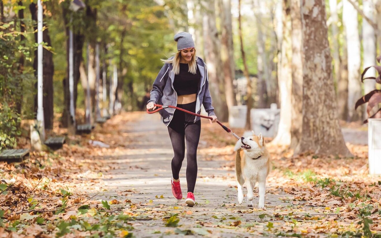 Eine Frau joggt mit ihrem Hund im Wald